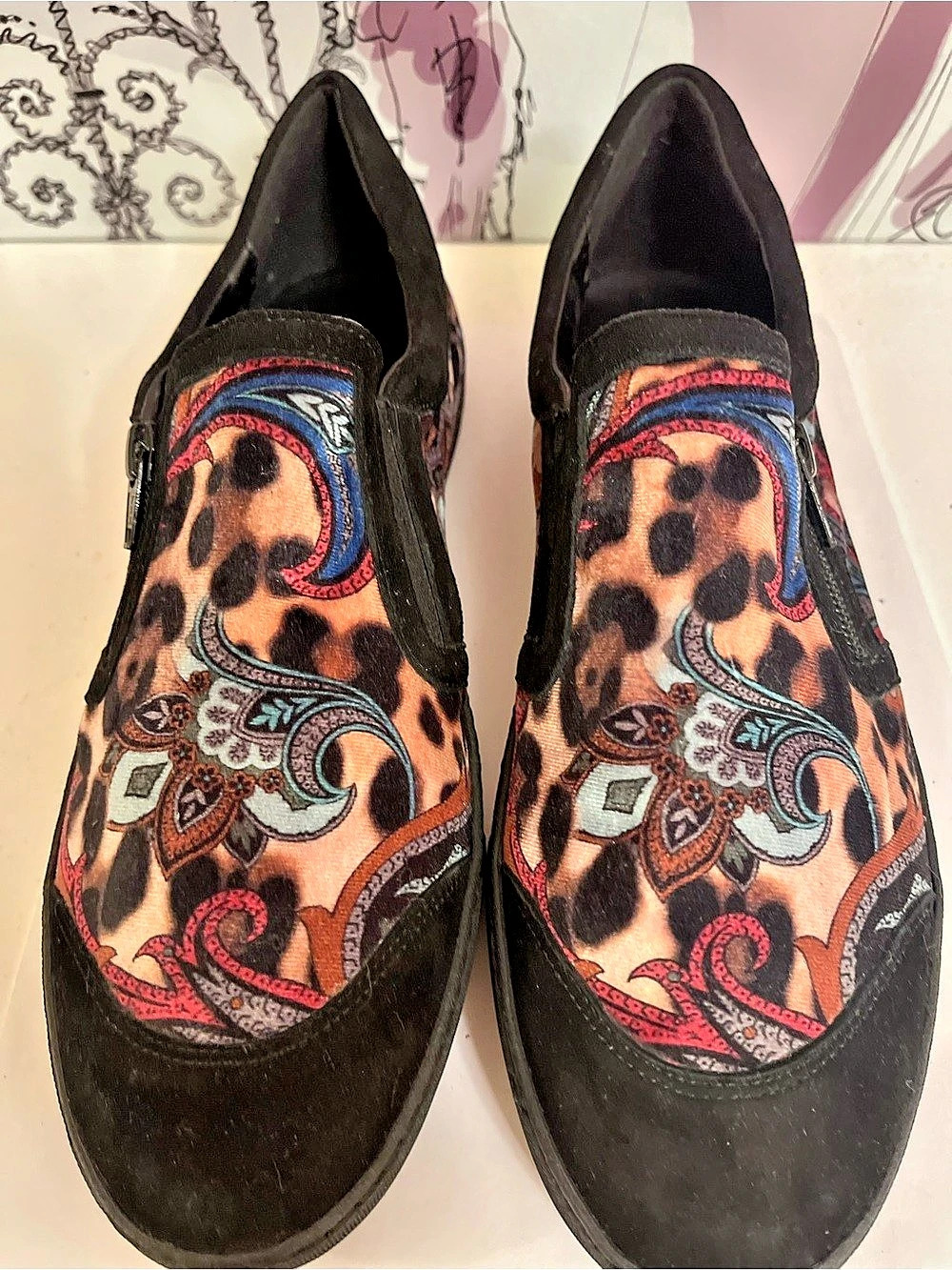 Sesto Meucci Leopard Paisley Patterned Velvet Slip-On Sneakers US 9.5M Made in I